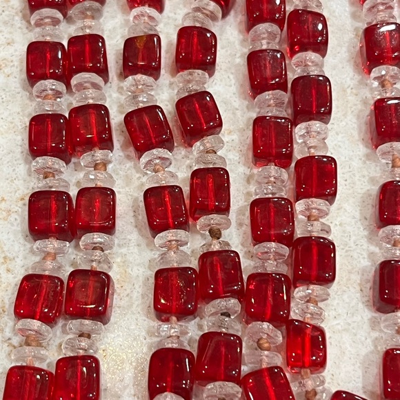 Vintage  Deco Necklace Glass Red Cube Beads Hand Tied bohemian - Picture 7 of 9